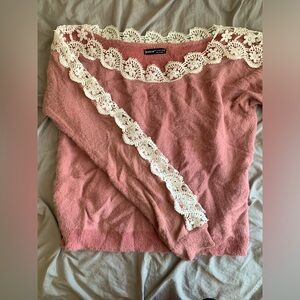 SHEIN Pink Knot Sweater Lace Sleeves Boat Neck Floral Lace Detail